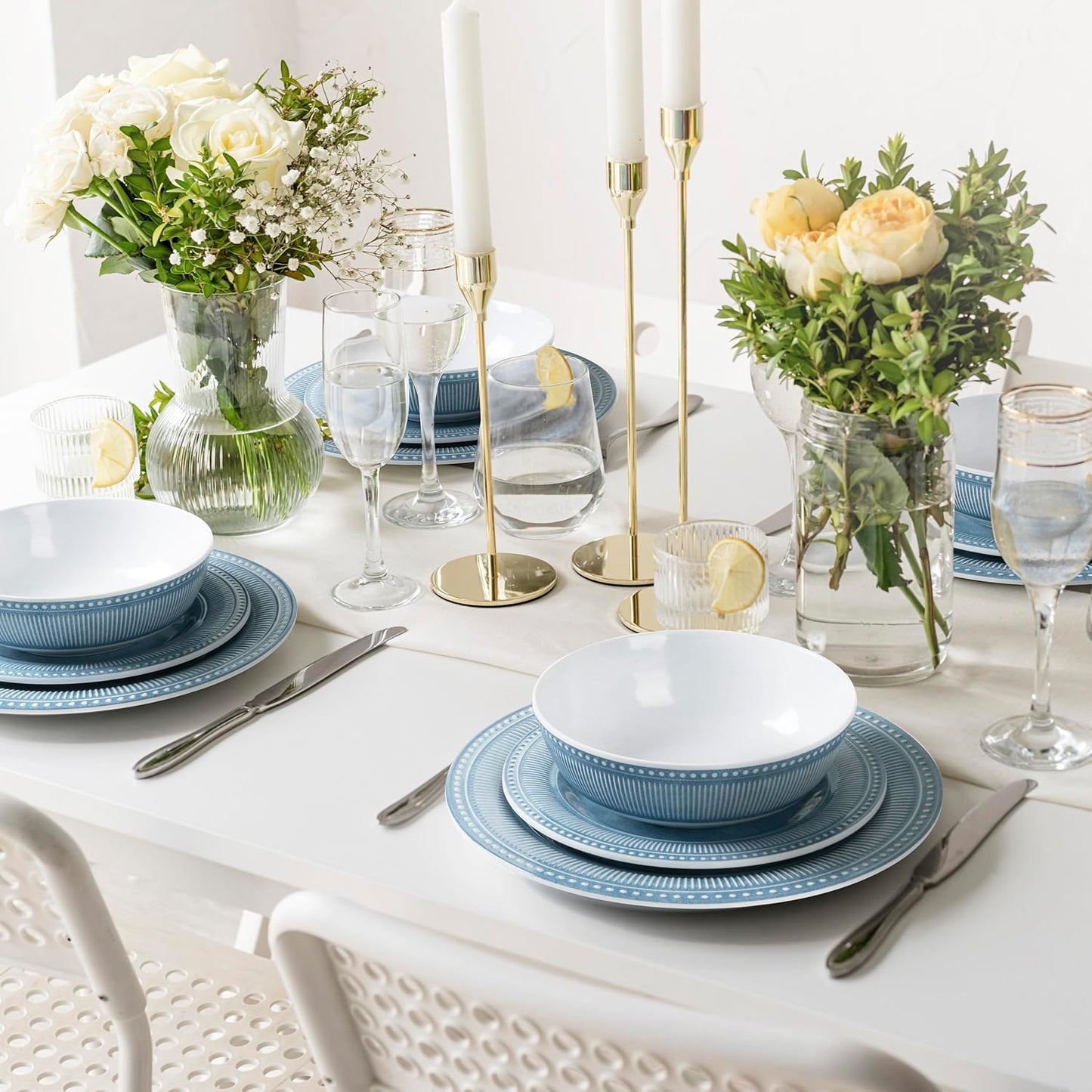 Melamine Dinnerware Set of 12 Pcs, Dinner Dishes Set for Indoor and Outdoor Use, Melamine Plates and Bowls Set for 4, Dishwasher Safe, Lightweight Unbreakable, BPA Free, Blue