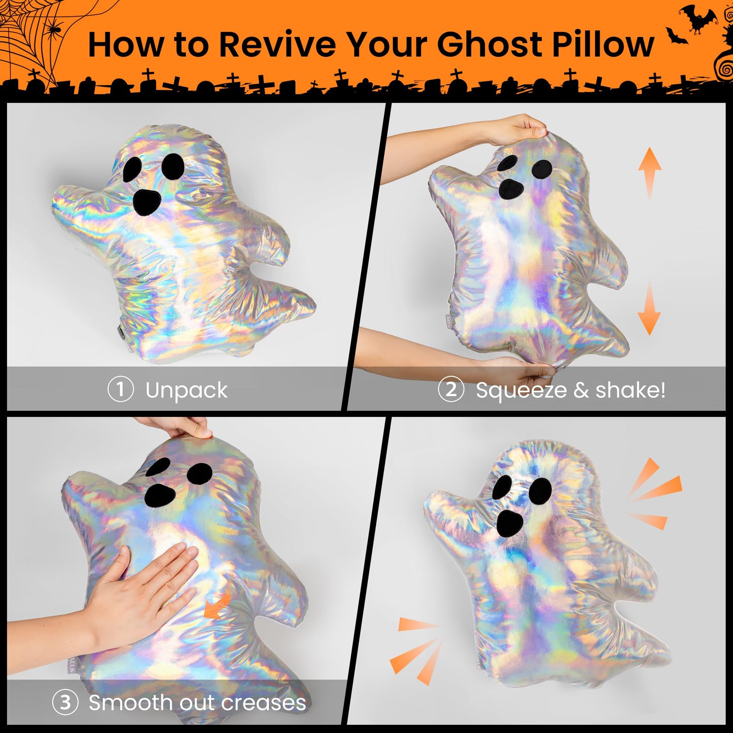 AELS 19.6" Iridescent Ghost Decorative Throw Pillow Set of 2, Ghost Shaped Throw Pillows, Halloween Decorations, Halloween Pillows for Holiday Party Home, Decor for Living Room Bedroom, Rainbow Silver