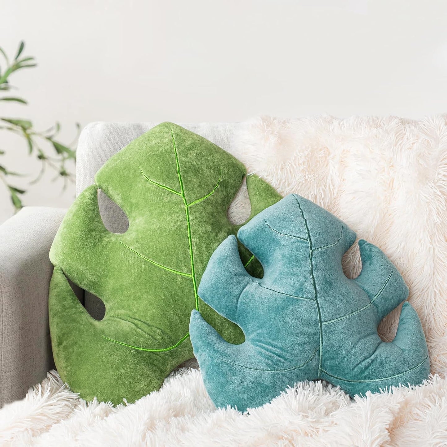 AELS Set of 2 3D Leaves Decorative Throw Pillows, 18"& 14" Monstera Deliciosa Plush Pillow Set for Plant Lovers Garden Lovers, Living Room Bedroom Nursery Decor, Bluish Green & Light Green
