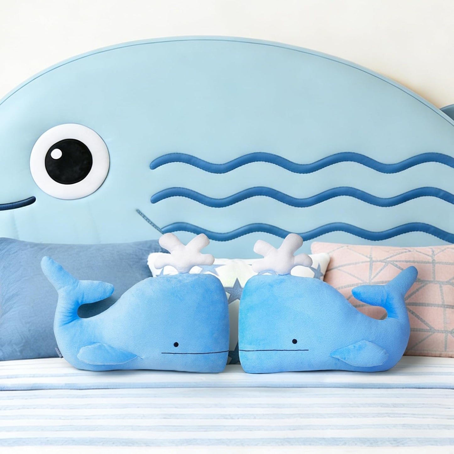AELS Whale Throw Pillow, 16.5"& 13.3", Set of 2, Soft Plush Whale Decorative Pillow for Couch Sofa Bed, Coastal Ocean Themed Accent Pillow for Nursery Living Room Beach House, Sky Blue