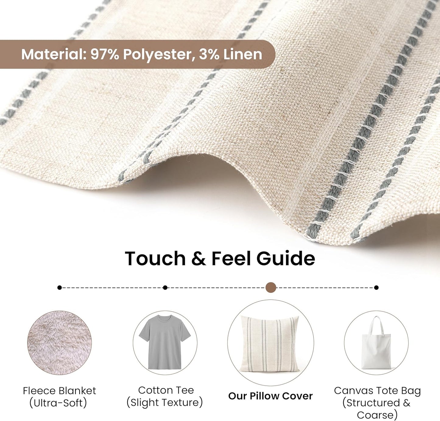 AELS 12x20 Decorative Farmhouse Linen Blend Throw Pillow Covers, Boho Textured Pillow Case, Set of 2, Beige with White & Brown Stitch Yarn Dyed Stripe Cushion Cover for Sofa Living Room (Cover ONLY)