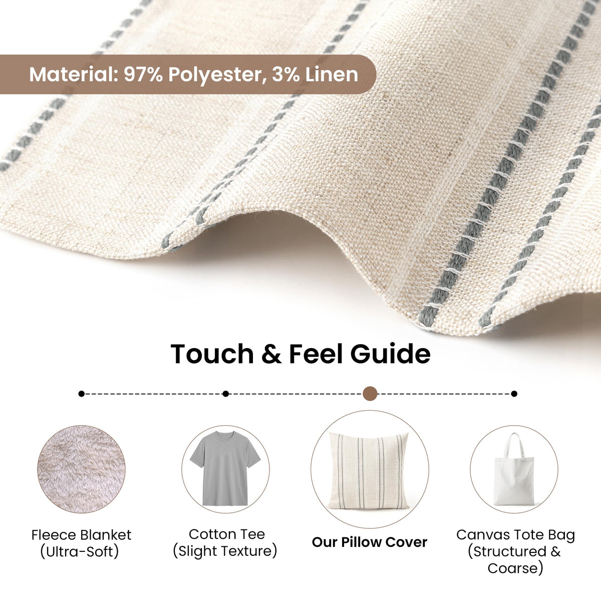 AELS 20x20 Decorative Farmhouse Linen Blend Throw Pillow Covers, Boho Textured Pillow Case, Set of 2, Beige with White & Brown Stitch Yarn Dyed Stripe Cushion Cover for Sofa Living Room (Cover O