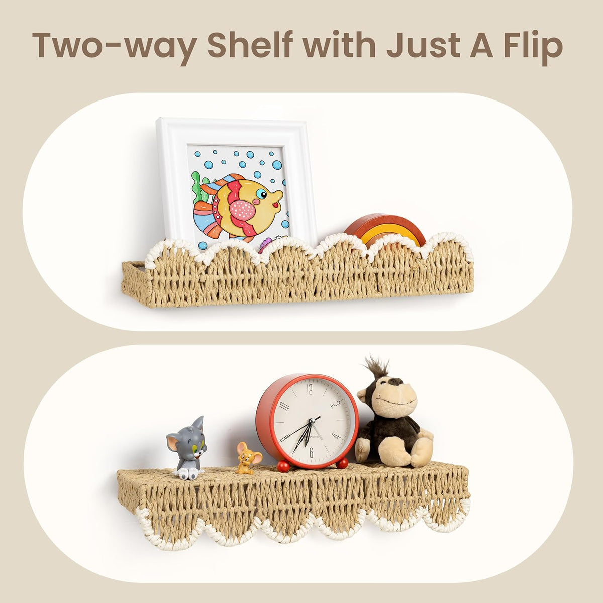 AELS Scalloped Nursery Bookshelf Set of 2, Woven Rattan Wall Shelf Beige