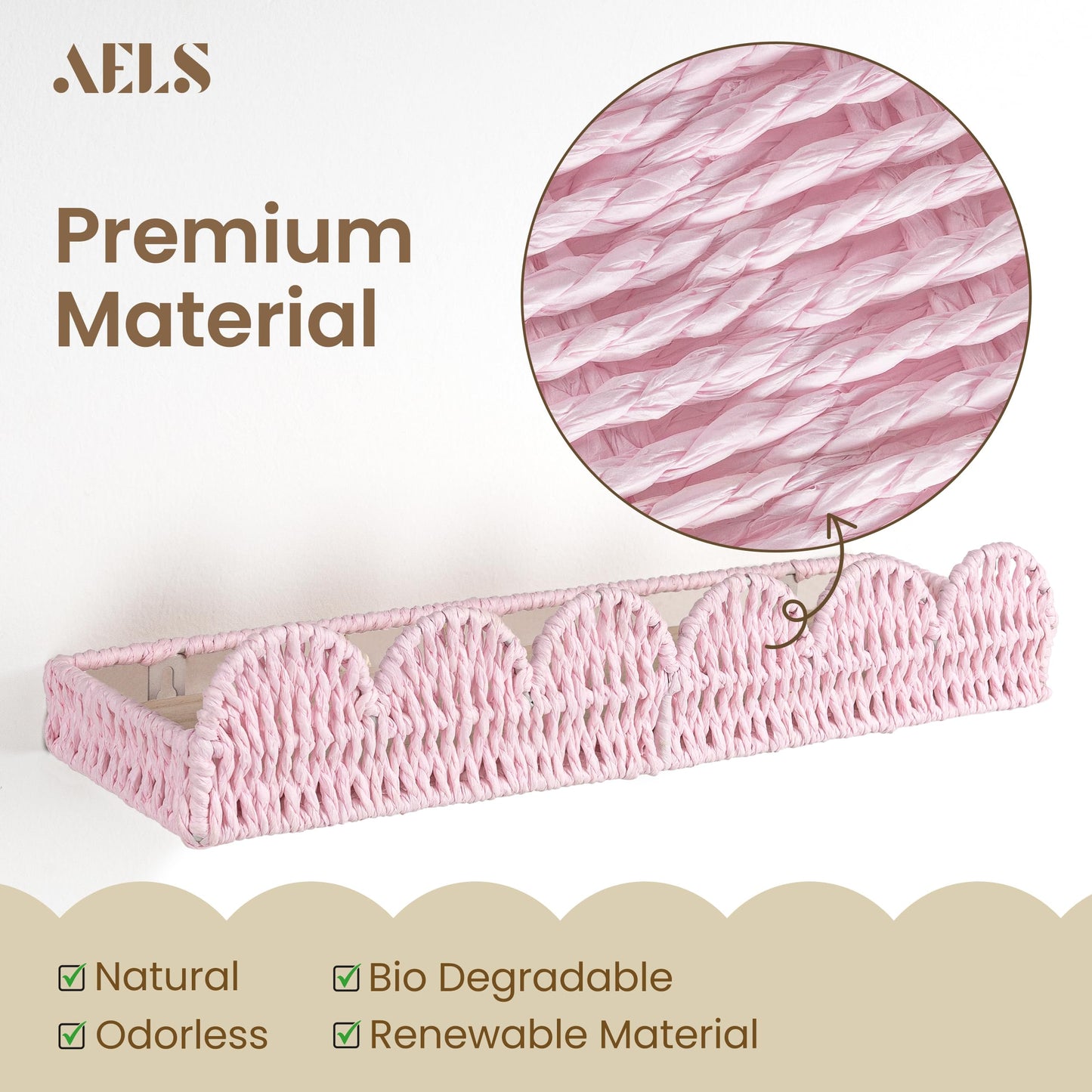 AELS Scalloped Nursery Bookshelf, Set of 2, Picture Ledge Shelf for Wall Decor, Woven Straw Paper Floating Shelves for Books, Toys, Photo Frames, Nursery, Boho Modern Farmhouse Book Shelf, Beige
