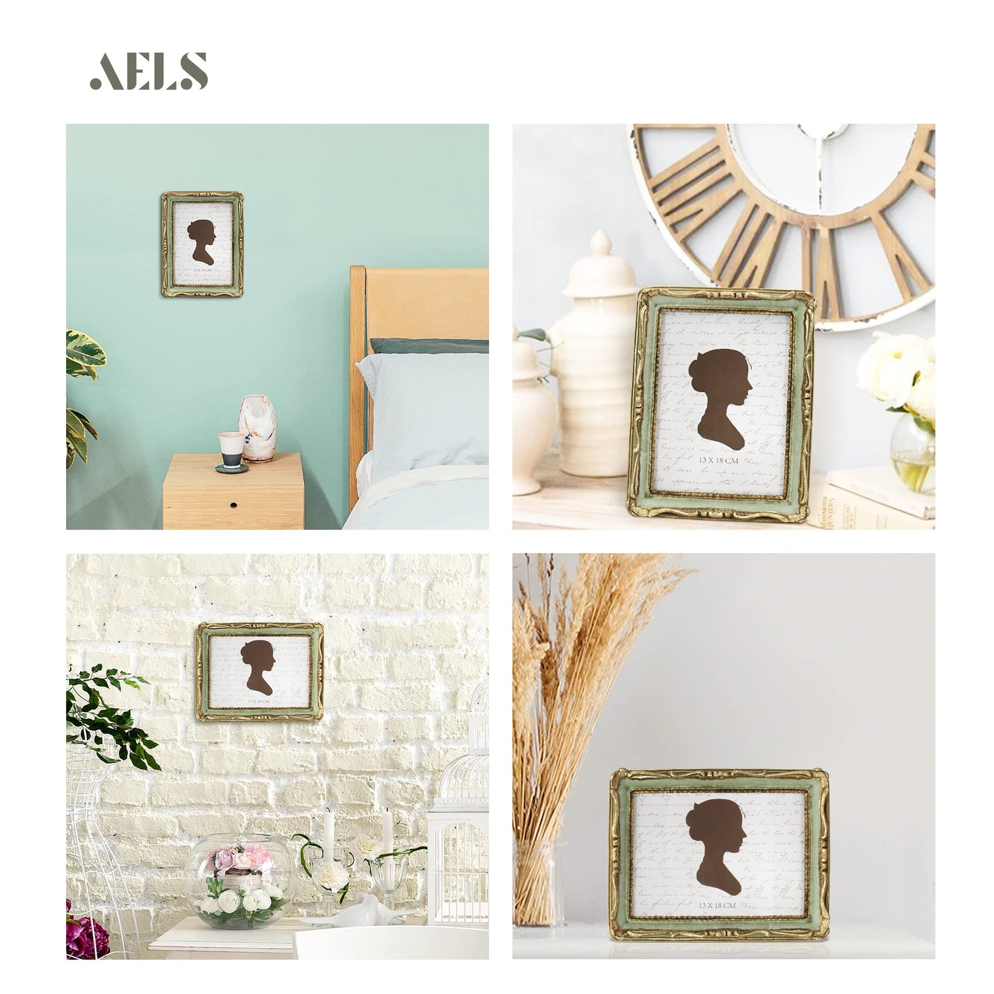 AELS 4x4 Inch Vintage Picture Frame, Elegant Antique Square Photo Frames with Glass Front, Photo Display, Tabletop Wall Hanging, Gift Ideas, Gold and Green