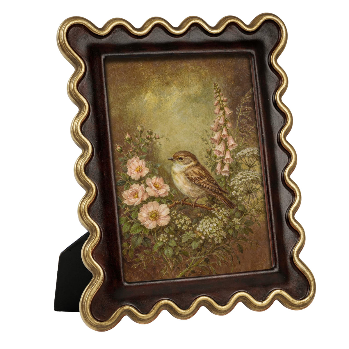 AELS 4x6 Inch Vintage Scalloped Picture Frame, Mid Century Modern Antique Photo Frames with Glass Front, Photo Display, Tabletop Wall Hanging, Gift Ideas, Dark Walnut