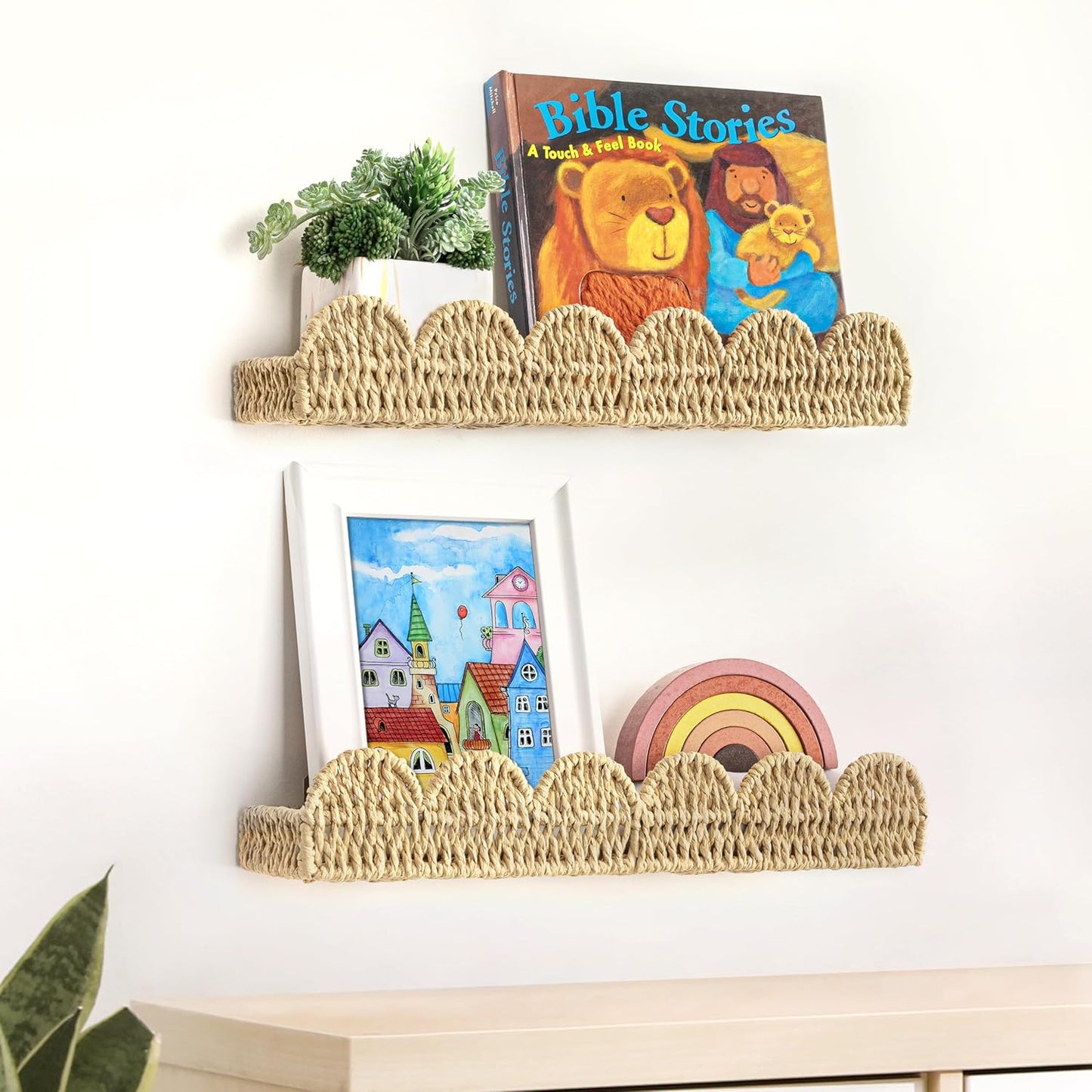 Scalloped Nursery Bookshelf, Set of 2, Picture Ledge Shelf for Wall Decor, Woven Straw Paper Floating Shelves for Books, Toys, Photo Frames, Nursery, Boho Modern Farmhouse Book Shelf, Beige