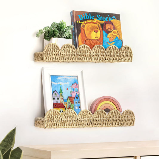 Scalloped Nursery Bookshelf, Set of 2, Picture Ledge Shelf for Wall Decor, Woven Straw Paper Floating Shelves for Books, Toys, Photo Frames, Nursery, Boho Modern Farmhouse Book Shelf, Beige