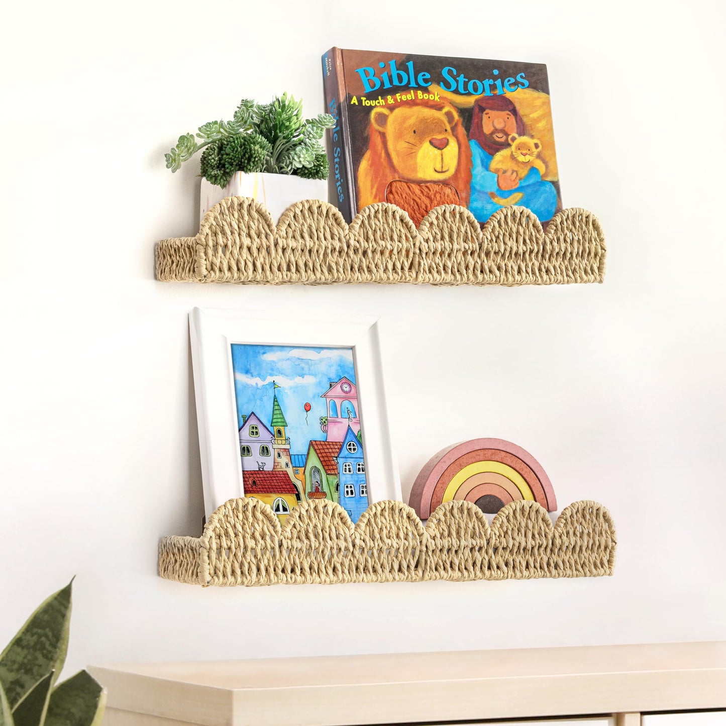 AELS Scalloped Nursery Bookshelf, Set of 2, Picture Ledge Shelf for Wall Decor, Woven Straw Paper Floating Shelves for Books, Toys, Photo Frames, Nursery, Boho Modern Farmhouse Book Shelf, Beige
