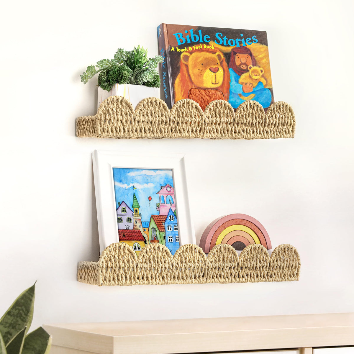 AELS Scalloped Nursery Bookshelf Set of 2, Woven Rattan Wall Shelf Beige