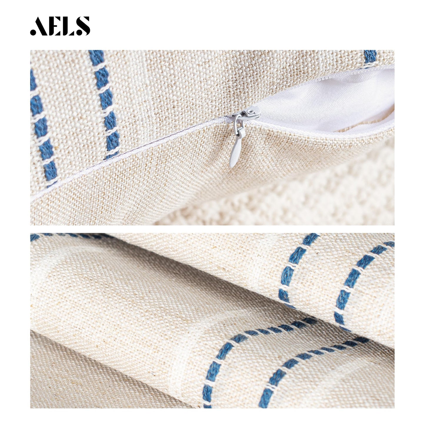 AELS 12x20 Decorative Farmhouse Linen Throw Pillow Covers, Boho Rectangle Lumbar Pillow Case, Set of 2, Beige with White & Gray Stripe Patchwork Cushion Cover for Sofa Couch Living Room (Cover ONLY)