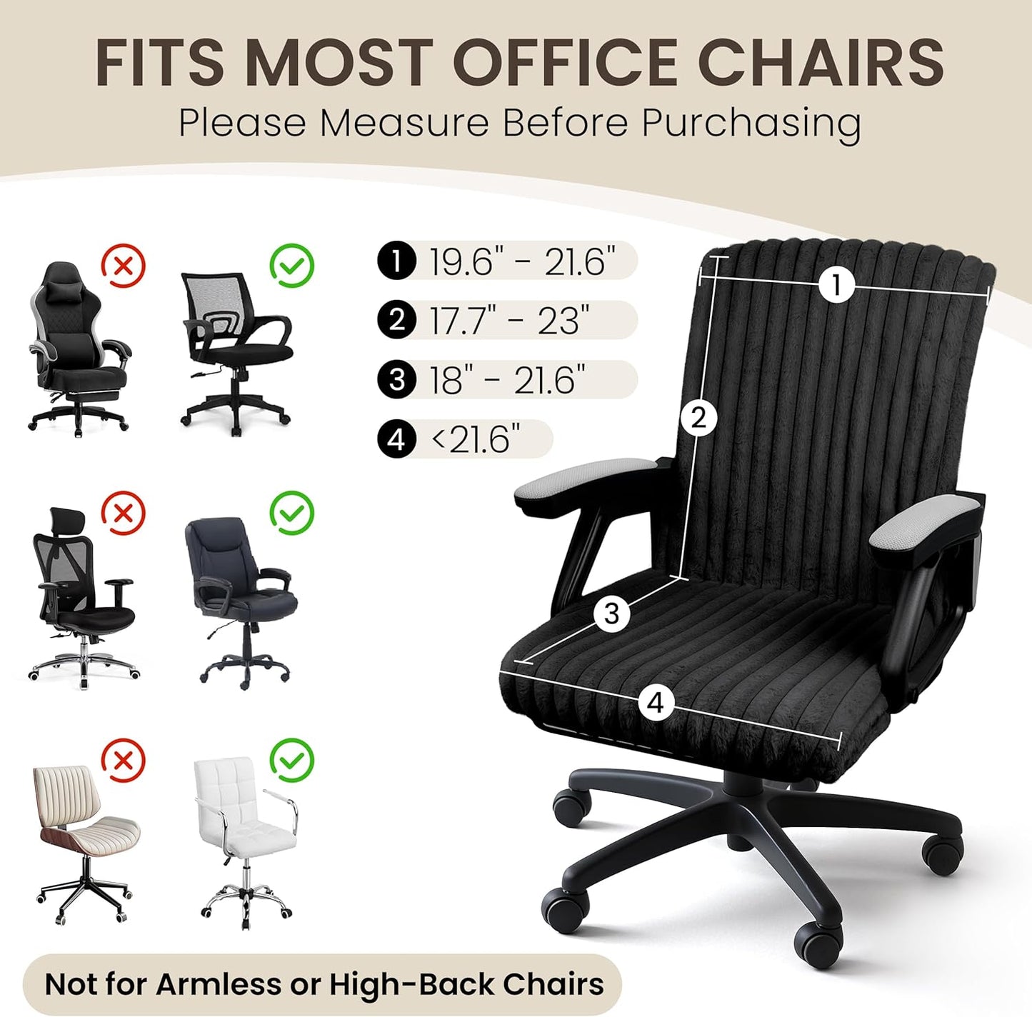 AELS Faux Fur Striped Office Chair Cover, Desk Chair Cover Computer Office Chair Covers - Fits Desk Chair/Armchair, Soft Breathable Fabric - Washable & Removable for Home & Office, Cream White