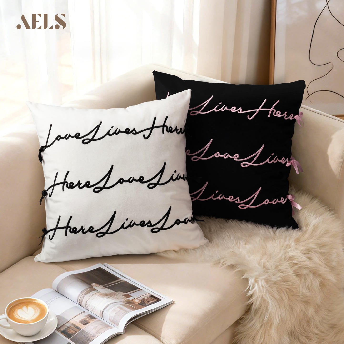 AELS Bow Pillow Cover, Text Design Velvet Bowknot Decorative Pillow Covers for Valentine's Day, Wedding, Christmas, Living Room, Bedroom, Nursery Decor, 18x18 Inch, Love Lives Here, Pink Cream White