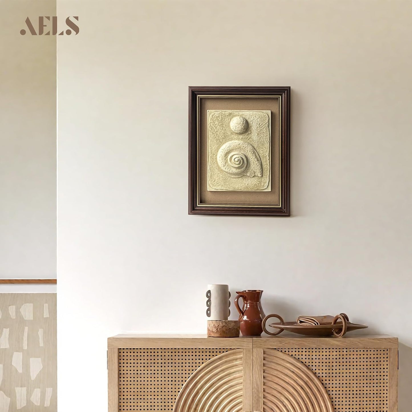 AELS Handmade Modern Nautical Framed Wall Decor, 11" x 14" 3D Ocean Theme Wall Art, Organic Textured Conch Shell Decor, Coastal Wall Art Sculpture, Modern Rustic Home Decor Office, Natural