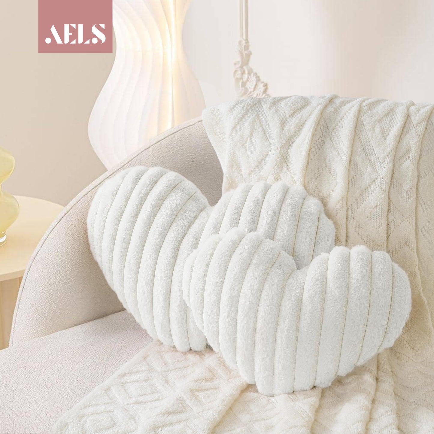 AELS Heart Shaped Pillow, 20 Inches Heart Decorative Throw Pillows, Faux Fur Love Cute Pillows, Valentines Day Decorations, Wedding Decor, Living Room Bedroom Nursery Decor, White