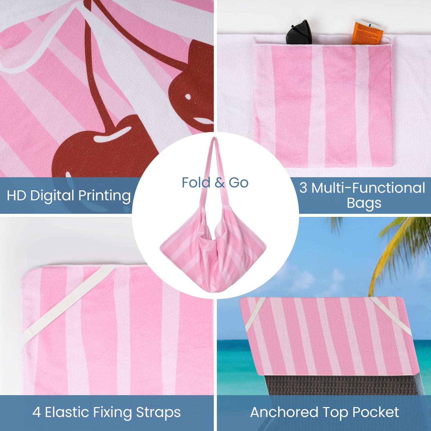 Lounge Chair Towel Cover, Pack of 2 - Microfiber Beach Towels with Pockets, Fits Outdoor Garden Beach Hotel Pool Chairs, Non-Slip & Portable Design, 85" X 30", Ombre Blue Stripes