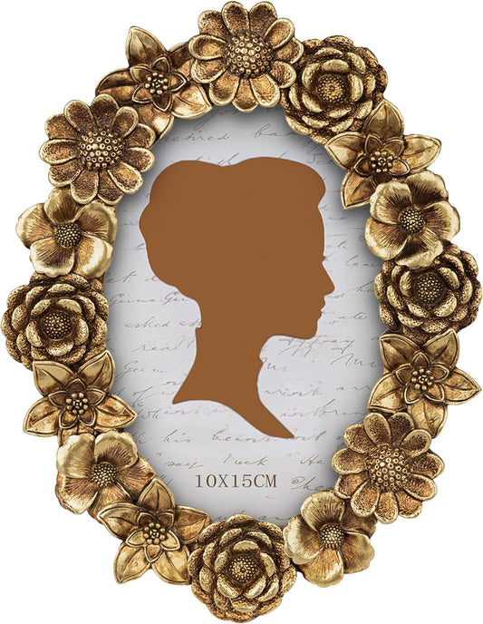 AELS 4x6 Inch Vintage Picture Frame, Elegant Antique Oval Photo Frames with Glass Front, Photo Display, Tabletop Wall Hanging, Gift Ideas, Gold Flower