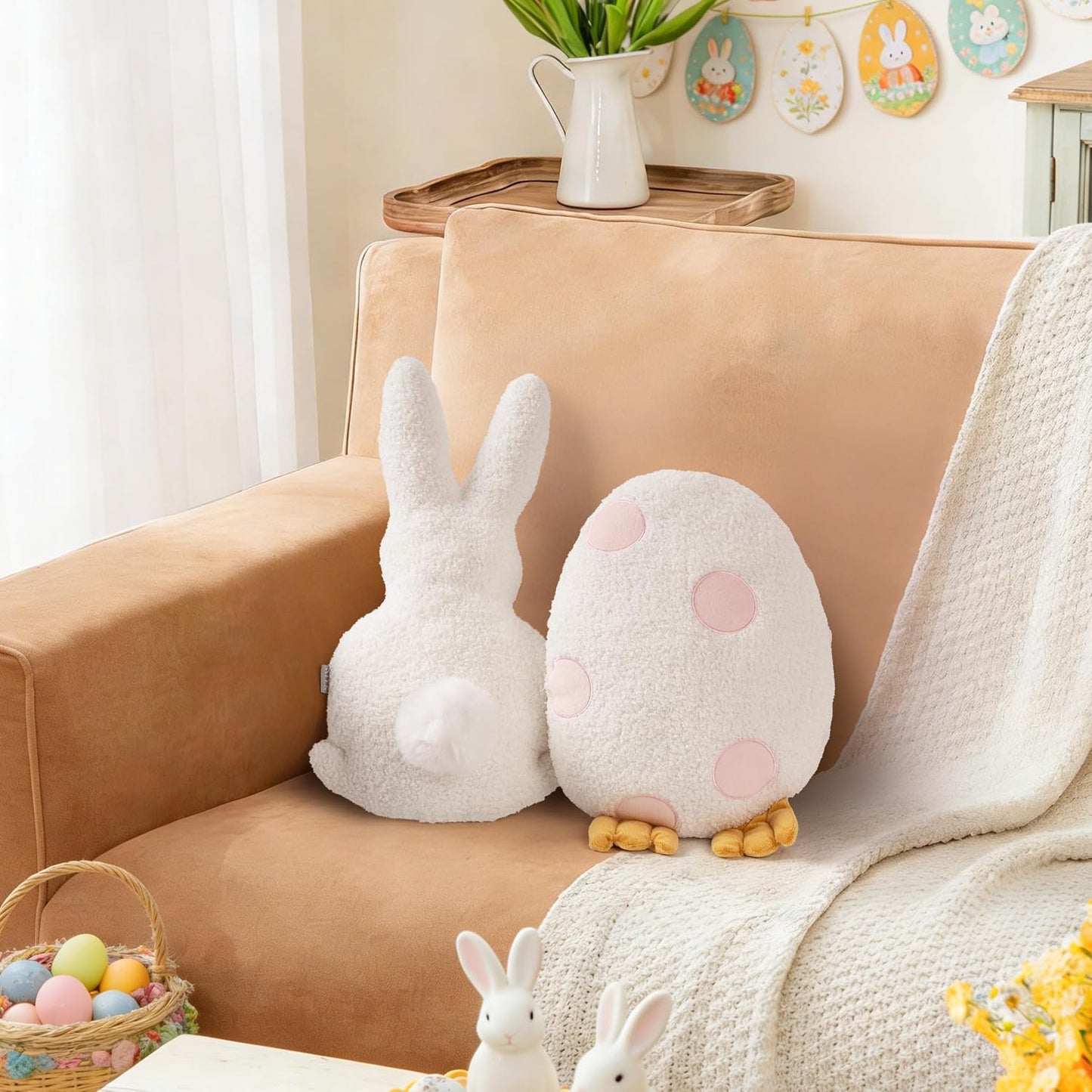 AELS Easter Egg & Bunny Throw Pillows, Set of 2, Cute Bunny and Egg-Shaped Decorative Pillows, Easter Holiday Decor for Sofa Couch Living Room Bedroom Nursery, White