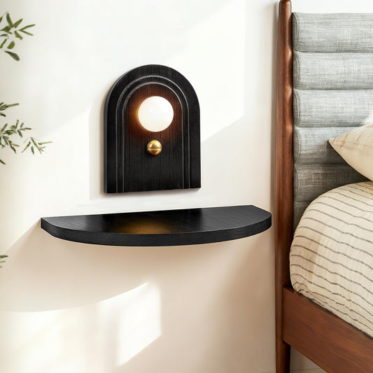 AELS Mid-Century Modern Floating Shelf with Rechargeable Type-C LED Wall Light, Space-Saving Wooden Wall Mounted Bedside Shelf for Bedroom or Dorm, Brown