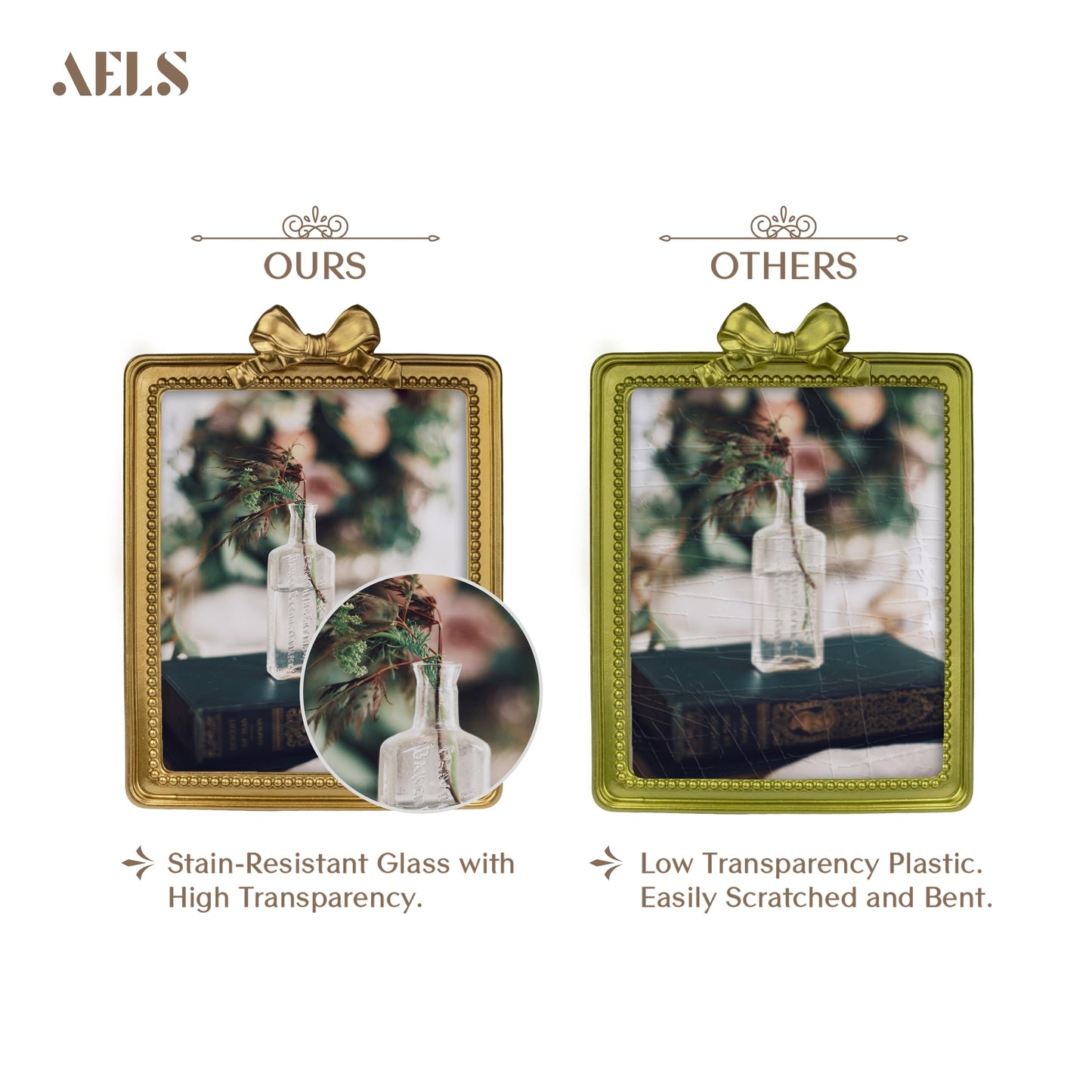 AELS 4x4 Inch Heart Shaped Vintage Picture Frame, Elegant Antique Bow Photo Frames with Glass Front, Photo Display, Tabletop Wall Hanging, Gift Ideas, Golden Bronze