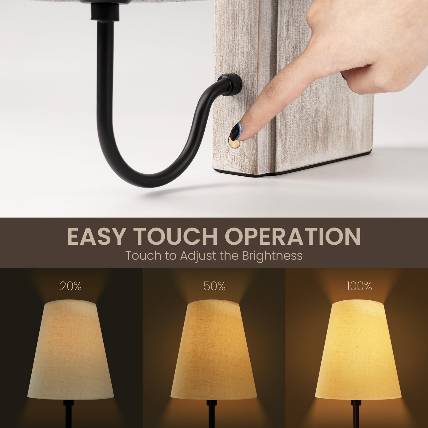 AELS Wooden Bookshelf Lamp with Bulb, Cordless Touch Dimmable Table Lamp with Linen Fabric Shade, Battery Operated, Modern Decorative Bookend, Book Sconce for Office Home Bedroom Bookshelf, Natural