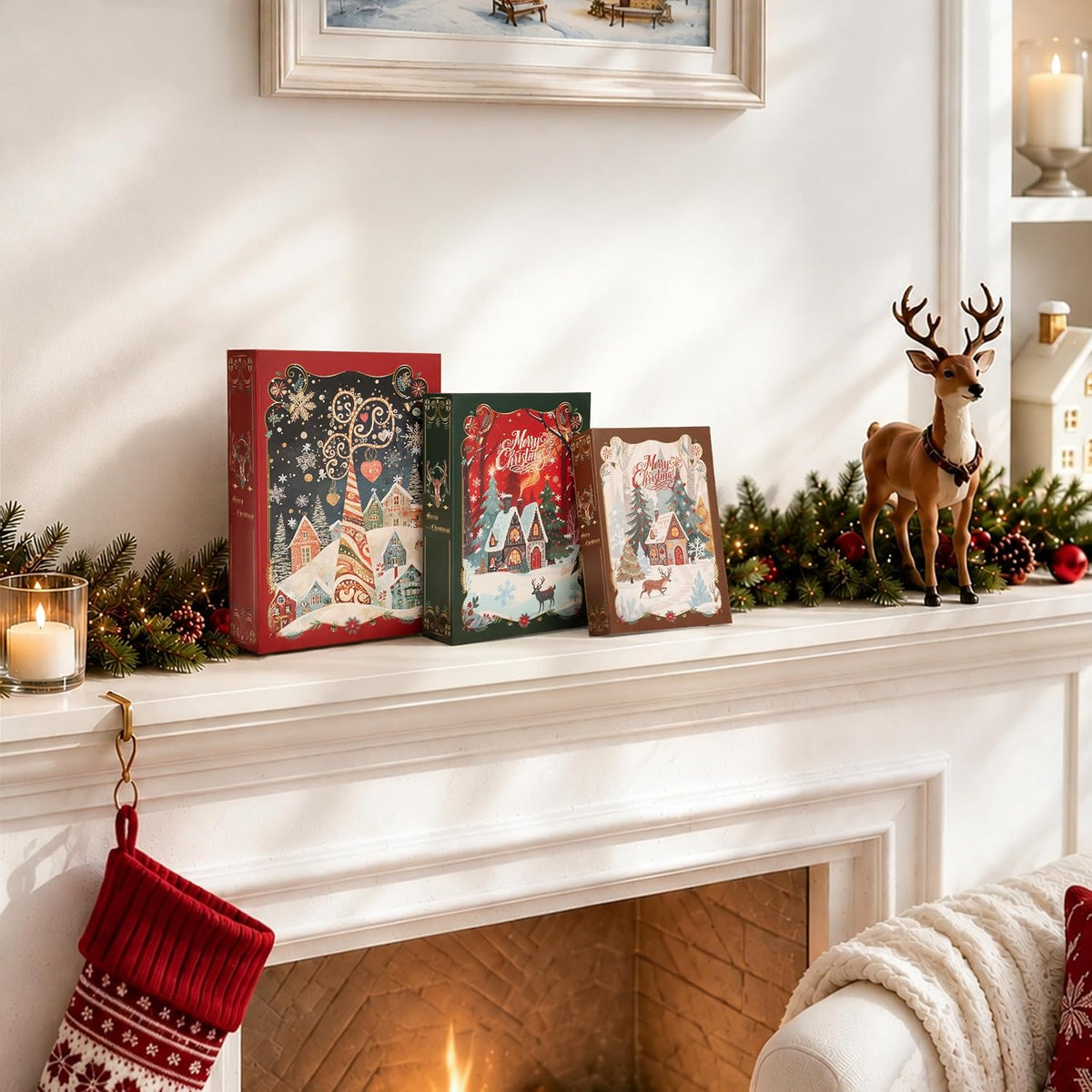 AELS 3 Pcs Christmas Decorative Books for Home Decor with Hidden Storage, Stackable Faux Book Boxes for Coffee Table Bookshelf, Hardcover Classic Xmas Mantel & Shelf Decor (8", 7", 6")