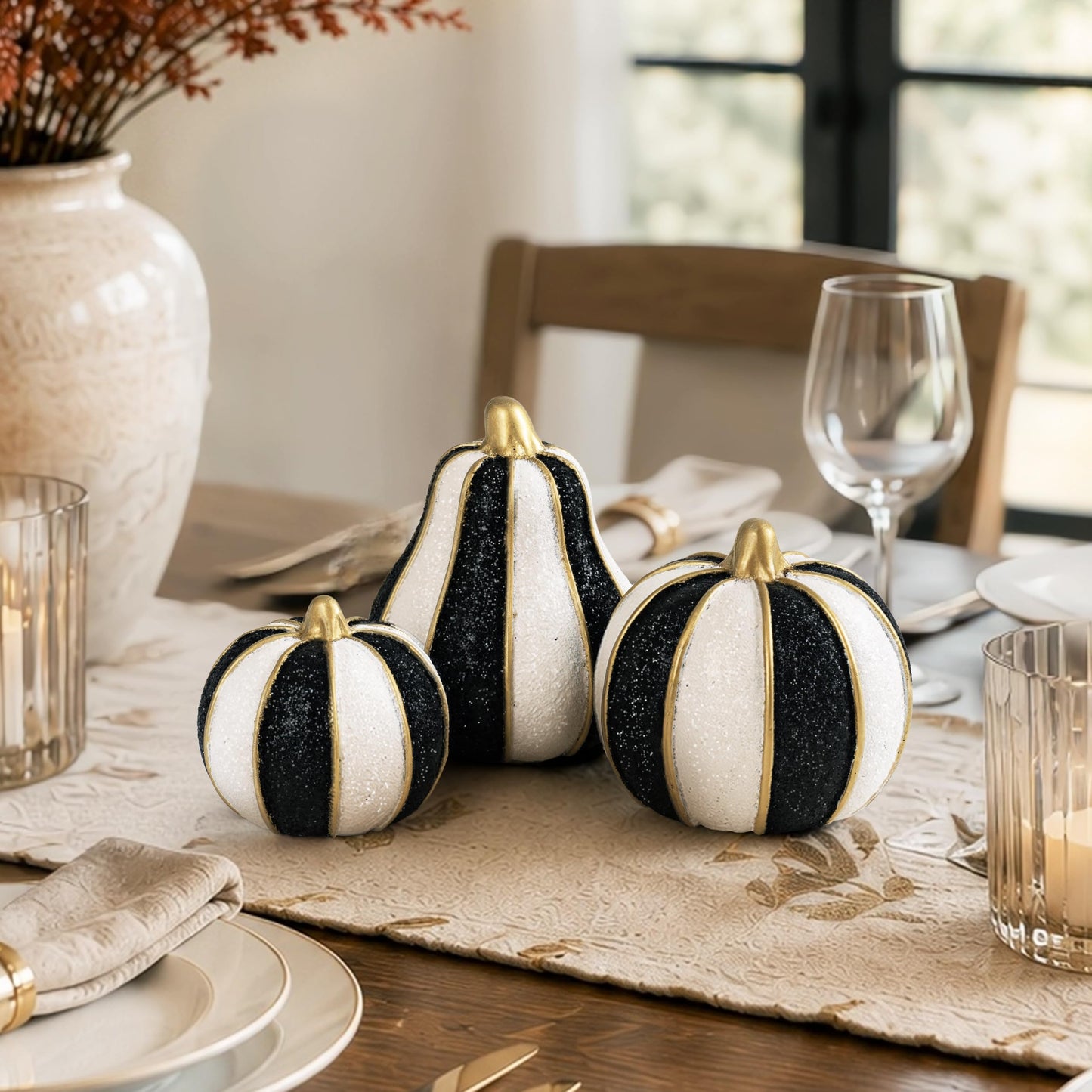 AELS 5.9" Tall Modern Farmhouse Pumpkins Fall Decor Indoor, Set of 2 Elegant Tabletop Decorations, Resin Artificial Pumpkins Decor for Fall Table Runner, Office, Holiday Party Home, White