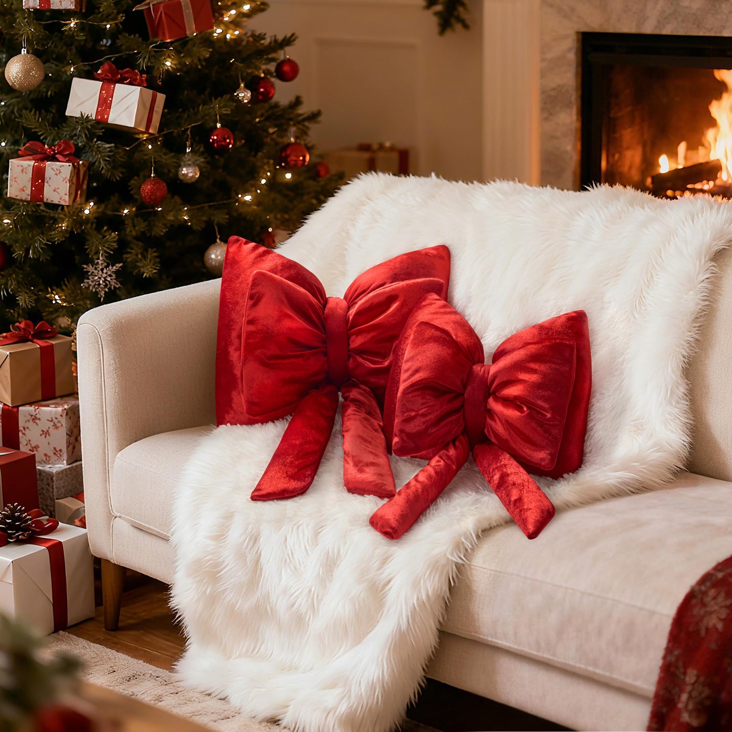 AELS Bow Pillow Decorative Throw Pillow, Shining Velvet Cute Pillow, 15.3"" & 13.7"" for Valentine's Day, Wedding, Christmas, Living Room, Bedroom, Nursery Decor, Red