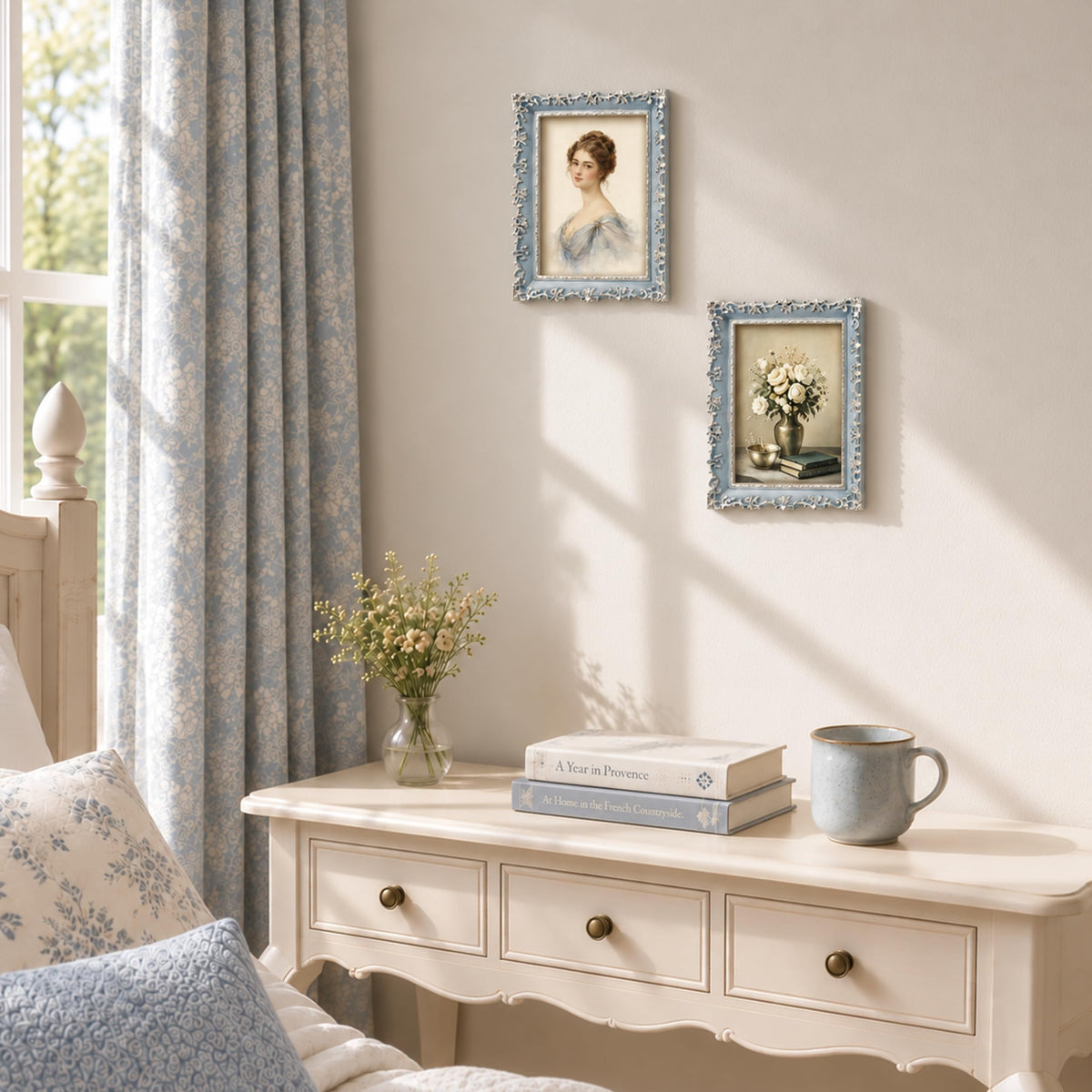 AELS 4x6 Inch Vintage Picture Frame, Elegant Antique Photo Frames with Glass Front, Photo Display, Tabletop Wall Hanging, Gift Ideas, Vine Pattern, Silver & Light Blue