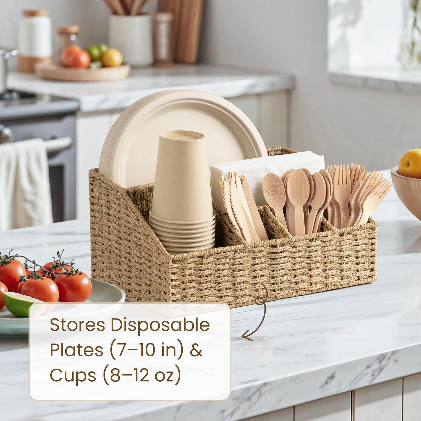Woven Paper Plate Dispenser & Utensil Holder for Party, Rustic Countertop Storage Basket for Disposable Plates (7-12 Inch) & Paper Cups (8, 12, 16oz), Napkins, Forks, Knives, Spoons