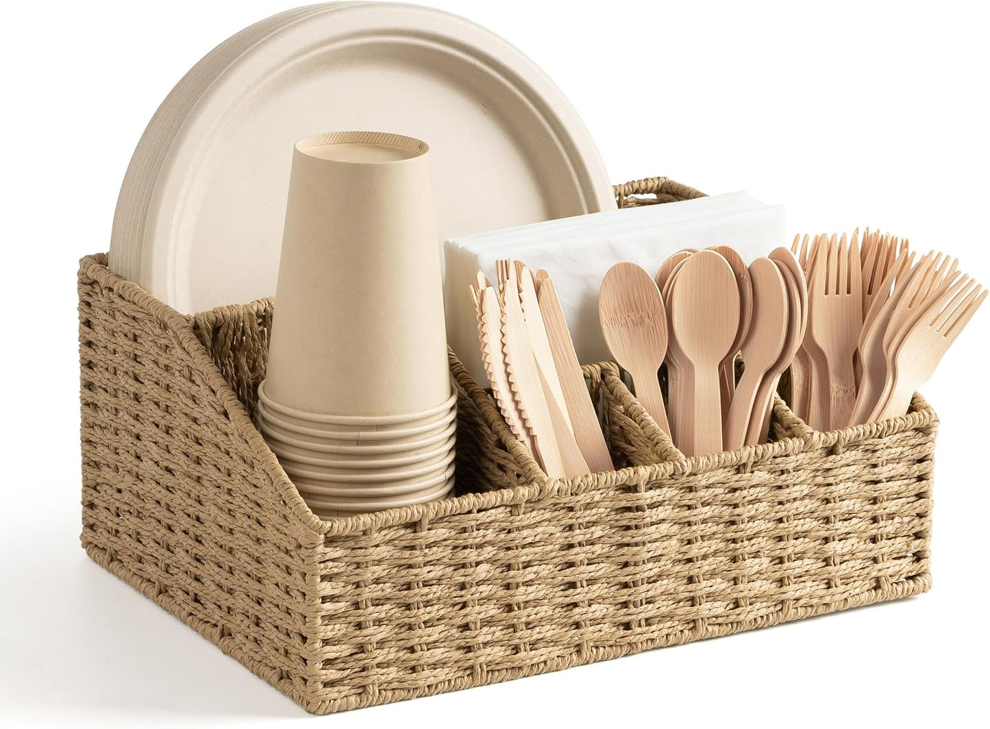 Woven Paper Plate Dispenser & Utensil Holder for Party, Rustic Countertop Storage Basket for Disposable Plates (7-12 Inch) & Paper Cups (8, 12, 16oz), Napkins, Forks, Knives, Spoons