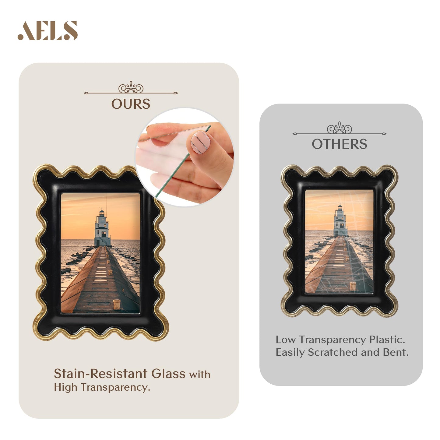 AELS 4x6 Inch Vintage Scalloped Picture Frame, Mid Century Modern Antique Photo Frames with Glass Front, Photo Display, Tabletop Wall Hanging, Gift Ideas, Dark Walnut