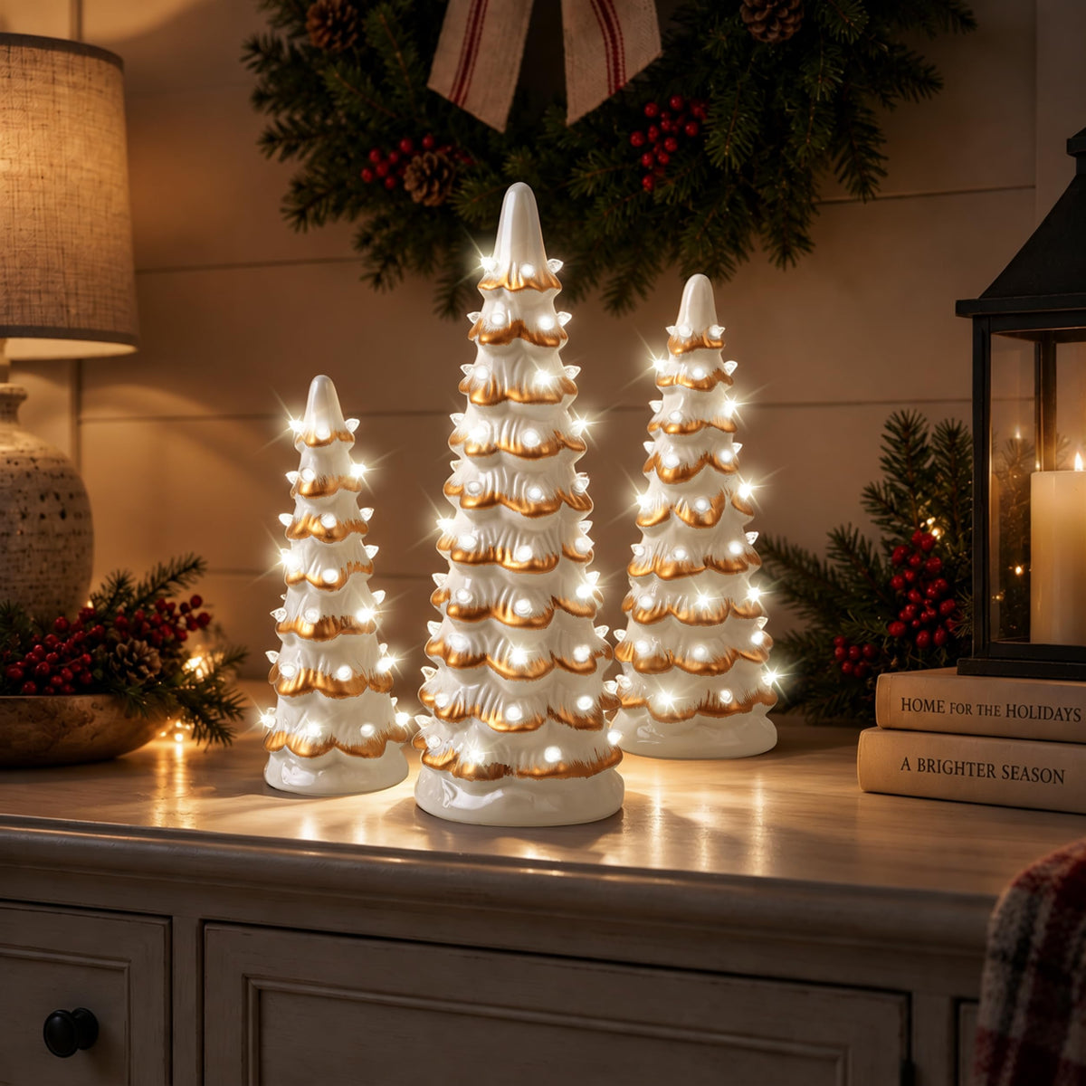 AELS Cordless Lighted Ceramic Christmas Tree Set of 3 Pre-Lit Green