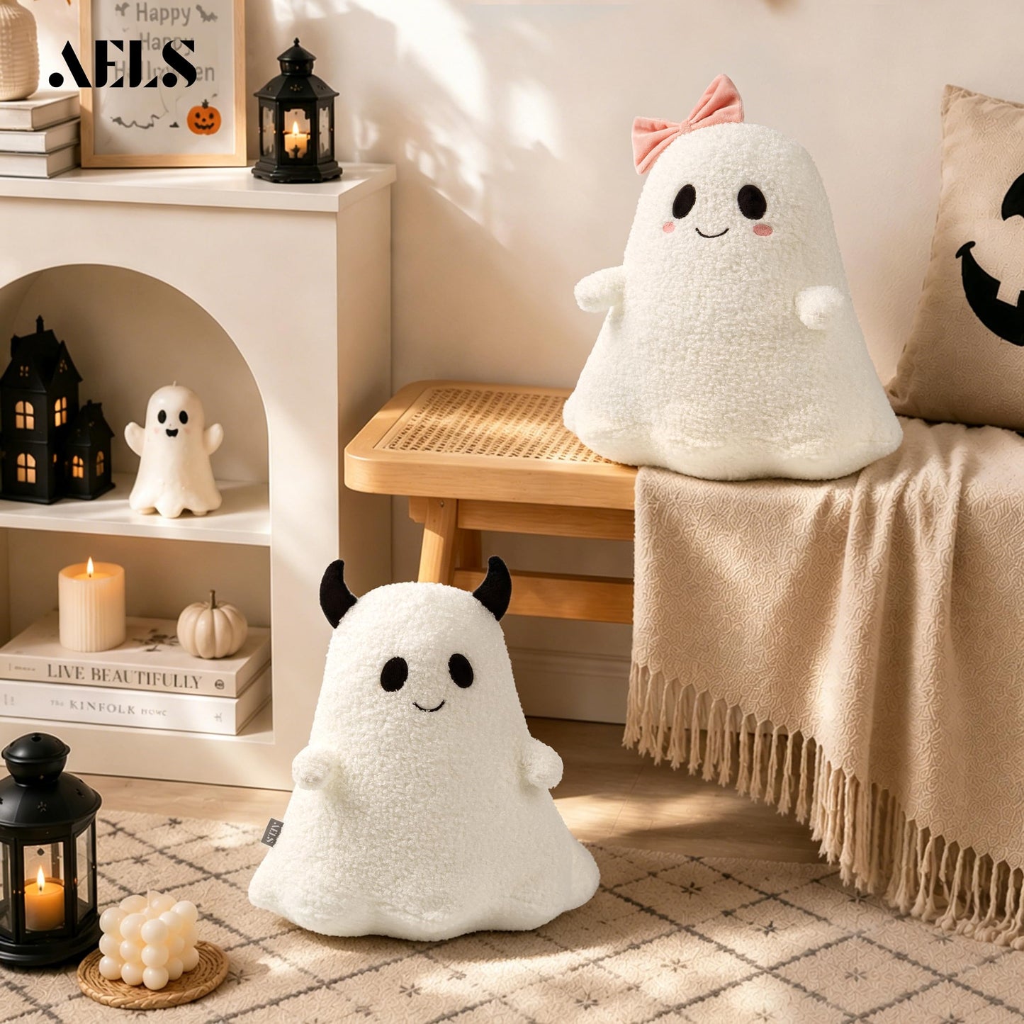 AELS Ghost with Horns Throw Pillow, Spooky Halloween Decorative Pillow | Soft Plush White Ghost Pillow for Couch Sofa Bed Living Room Decor, Cute Spooky Halloween Party Decoration