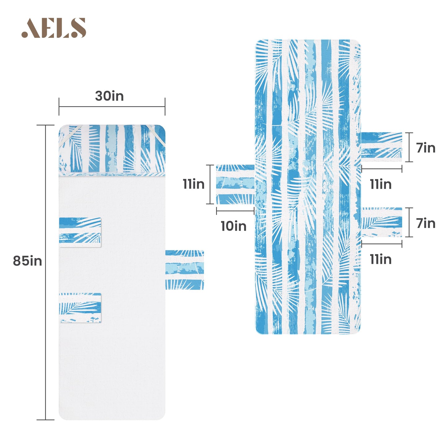 Lounge Chair Towel Cover, Pack of 2 - Microfiber Beach Towels with Pockets, Fits Outdoor Garden Beach Hotel Pool Chairs, Non-Slip & Portable Design, 85" X 30", Ombre Blue Stripes