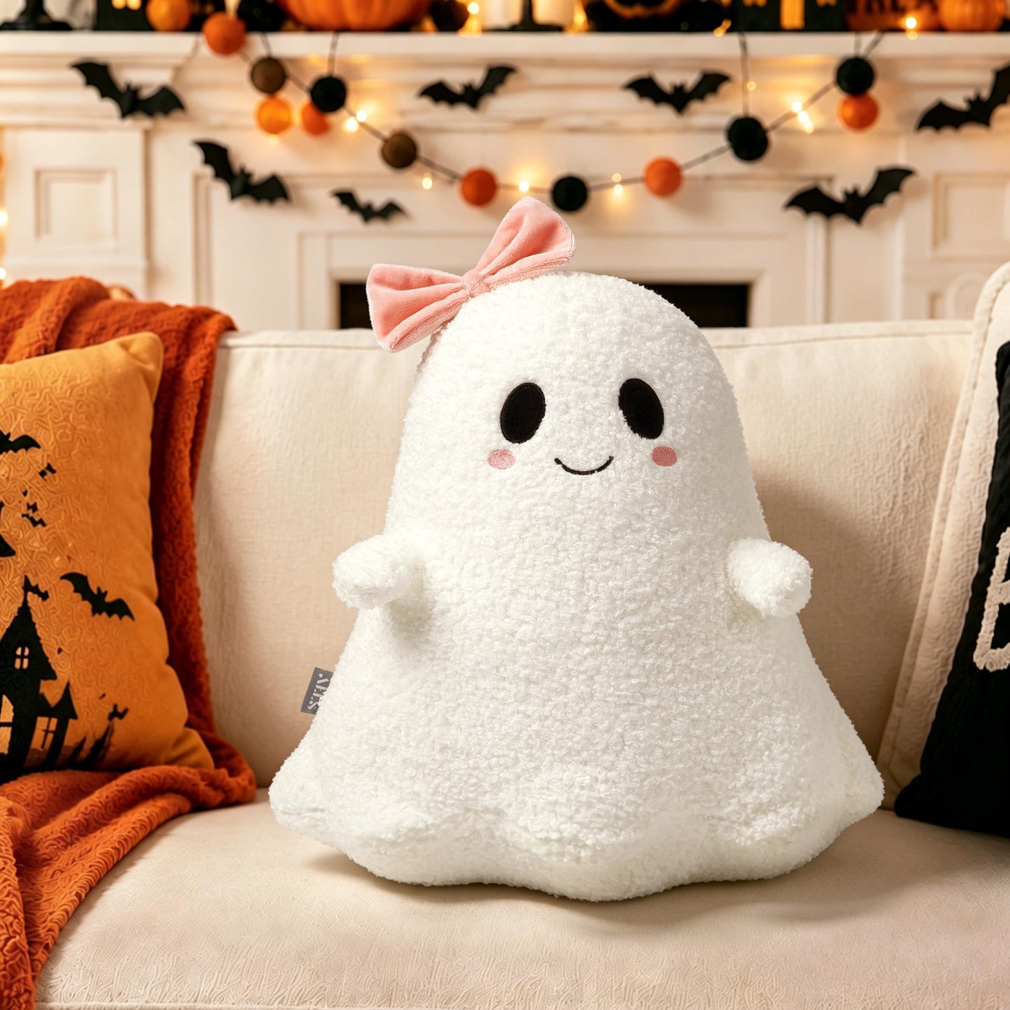 AELS Ghost with Horns Throw Pillow, Spooky Halloween Decorative Pillow | Soft Plush White Ghost Pillow for Couch Sofa Bed Living Room Decor, Cute Spooky Halloween Party Decoration