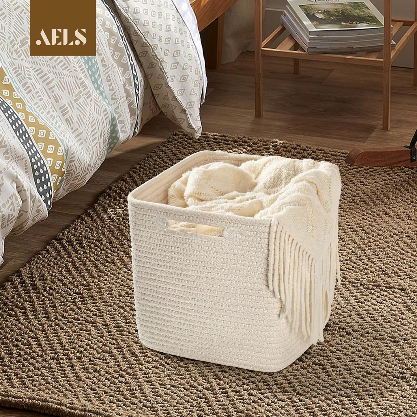 Hand Woven Cotton Basket for Storage, Cube Storage Bins with Handles, Foldable Collapsible Closet Organizers and Storage, Boho Farmhouse Storage Cubes for Shelves, Beige