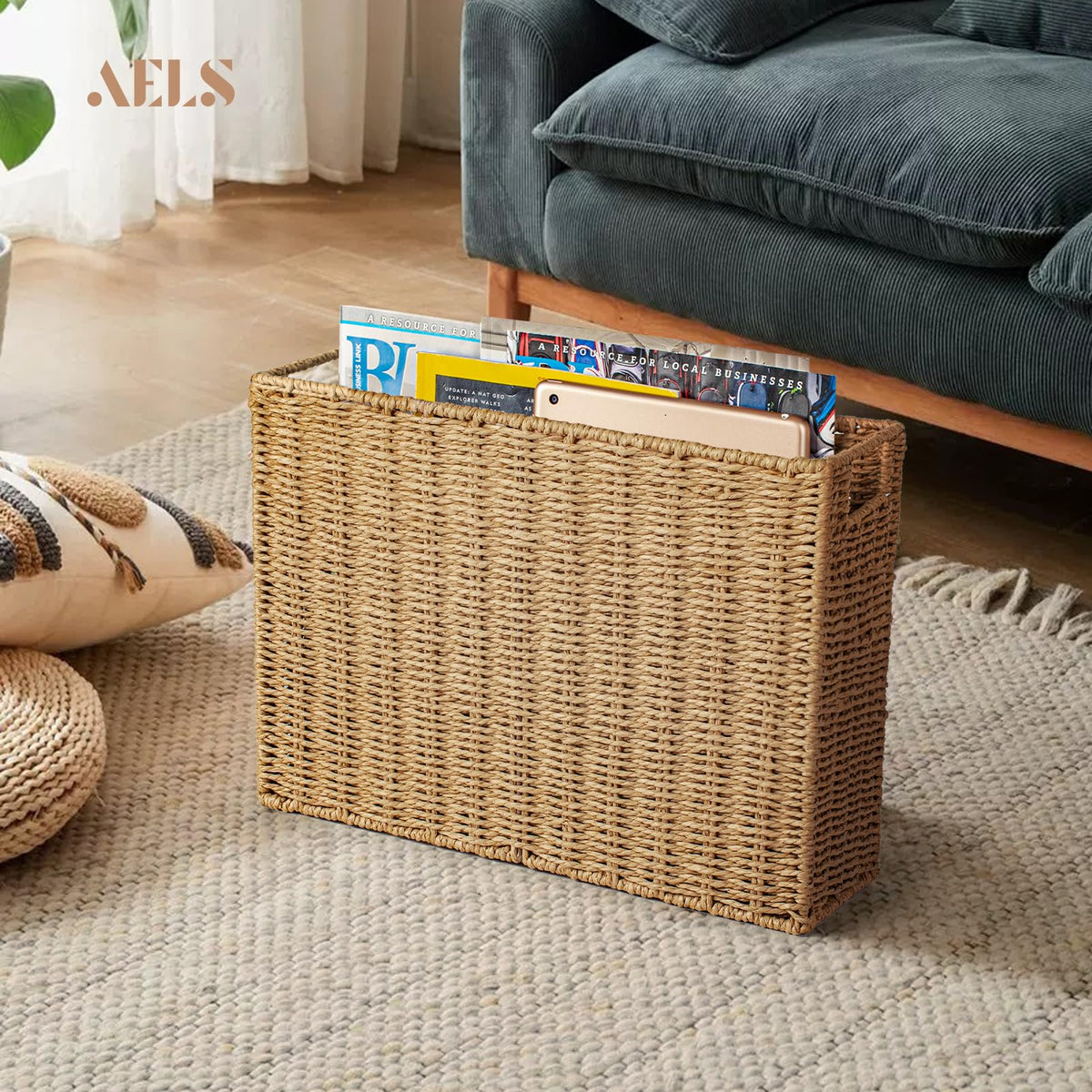 AELS Woven Natural Fibre Magazine Holder, Scalloped Edge Floor Magazine Rack, Hand-woven Organizer, Boho Modern Farmhouse Book Basket, File Newspaper Mail Holder for Office