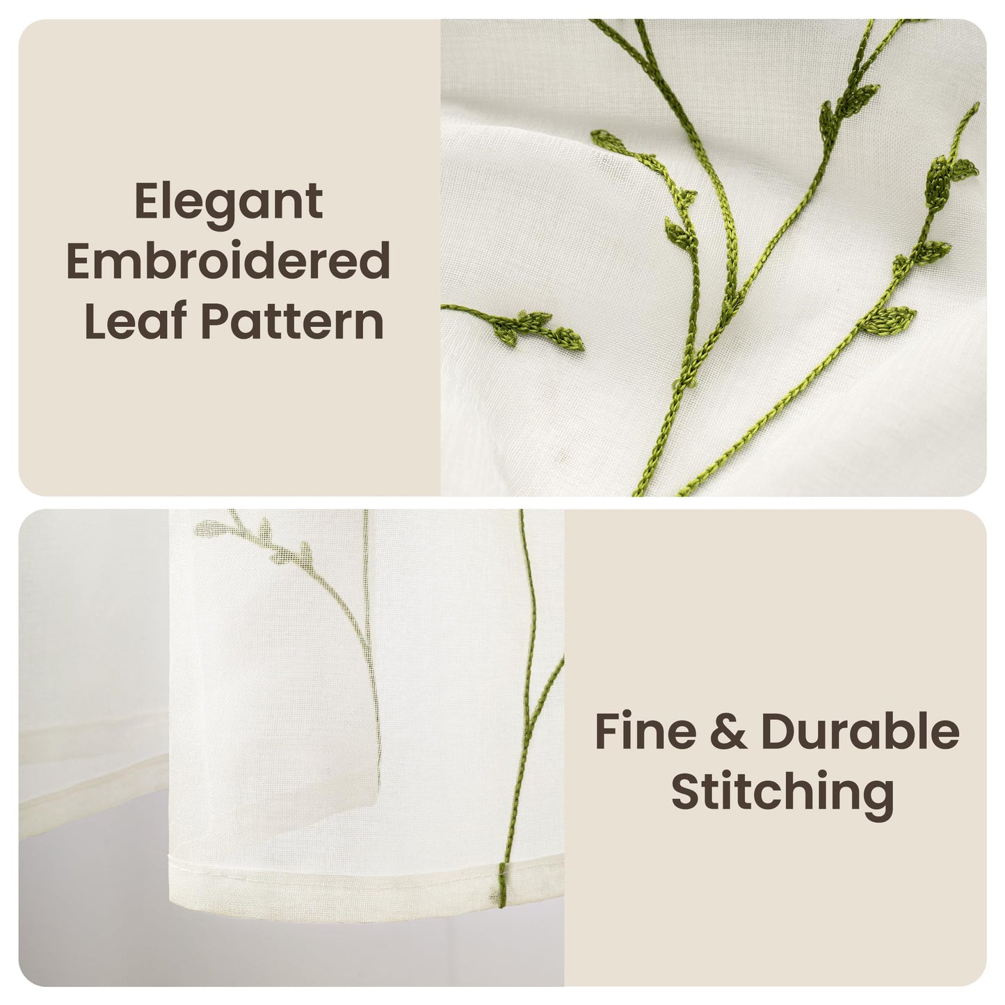 Semi White Sheer Curtains 84 Inches Long 2 Panels Set, White Stem | Embroidered Leaf Patterned Voile Window Treatments for Living Room Bedroom, Airy Light Filtering Grommet Curtains 52"W x 84"L