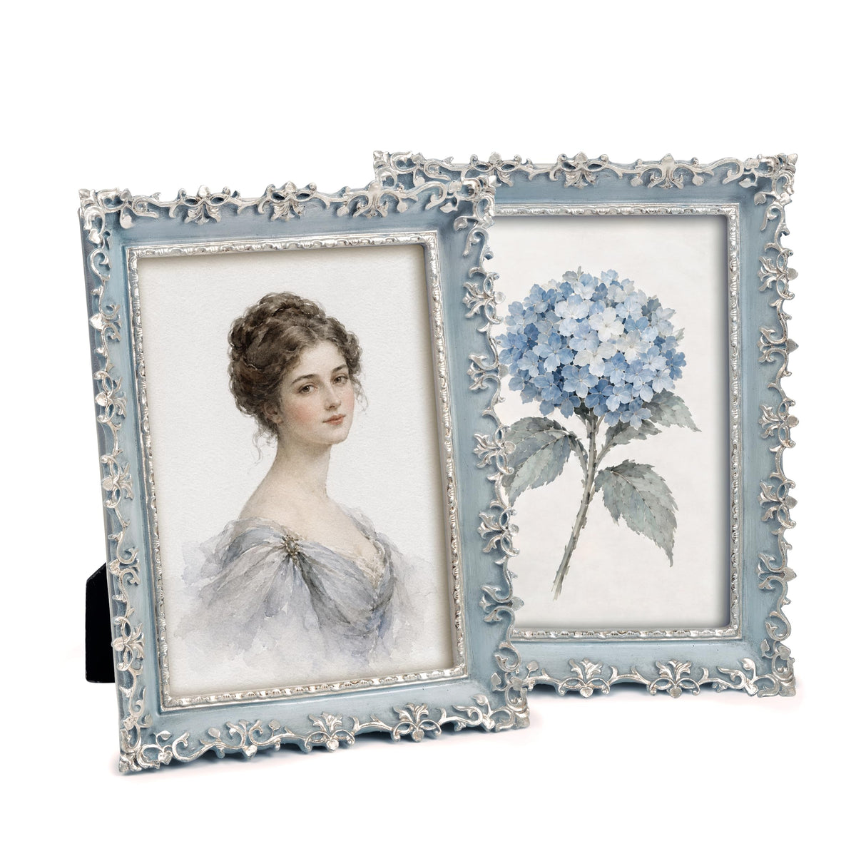 AELS 4x6 Inch Vintage Picture Frame, Elegant Antique Photo Frames with Glass Front, Photo Display, Tabletop Wall Hanging, Gift Ideas, Vine Pattern, Silver & Light Blue