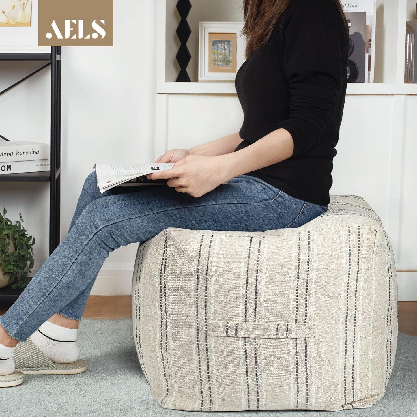 AELS Unstuffed Farmhouse Pouf Cover for Living Room, Boho Storage Bean Bag Cubes, Beige with Brown Stitch Yarn Dyed Stripe Square Ottoman Pouf Foot Rest Footstool, 18"x18"x18", Cover ONLY