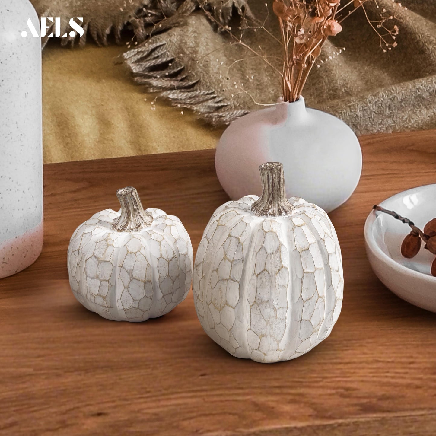 AELS 5.9" Tall Modern Farmhouse Pumpkins Fall Decor Indoor, Set of 2 Elegant Tabletop Decorations, Resin Artificial Pumpkins Decor for Fall Table Runner, Office, Holiday Party Home, White