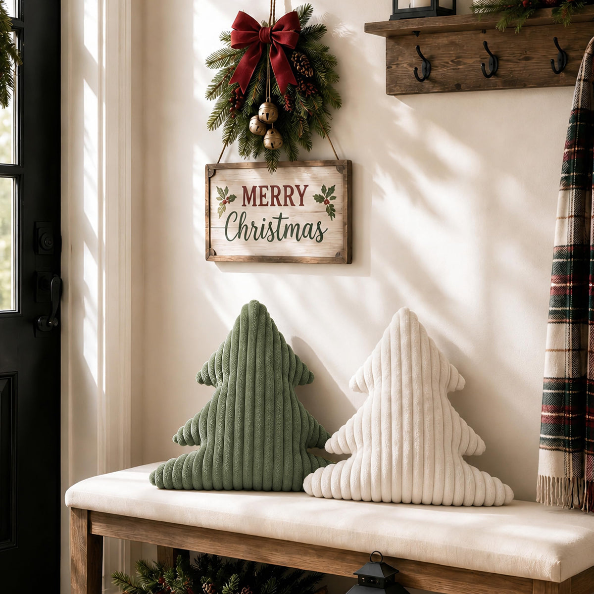 AELS Faux Fur Christmas Tree Decorative Pillow Set of 3, Forest Green Series