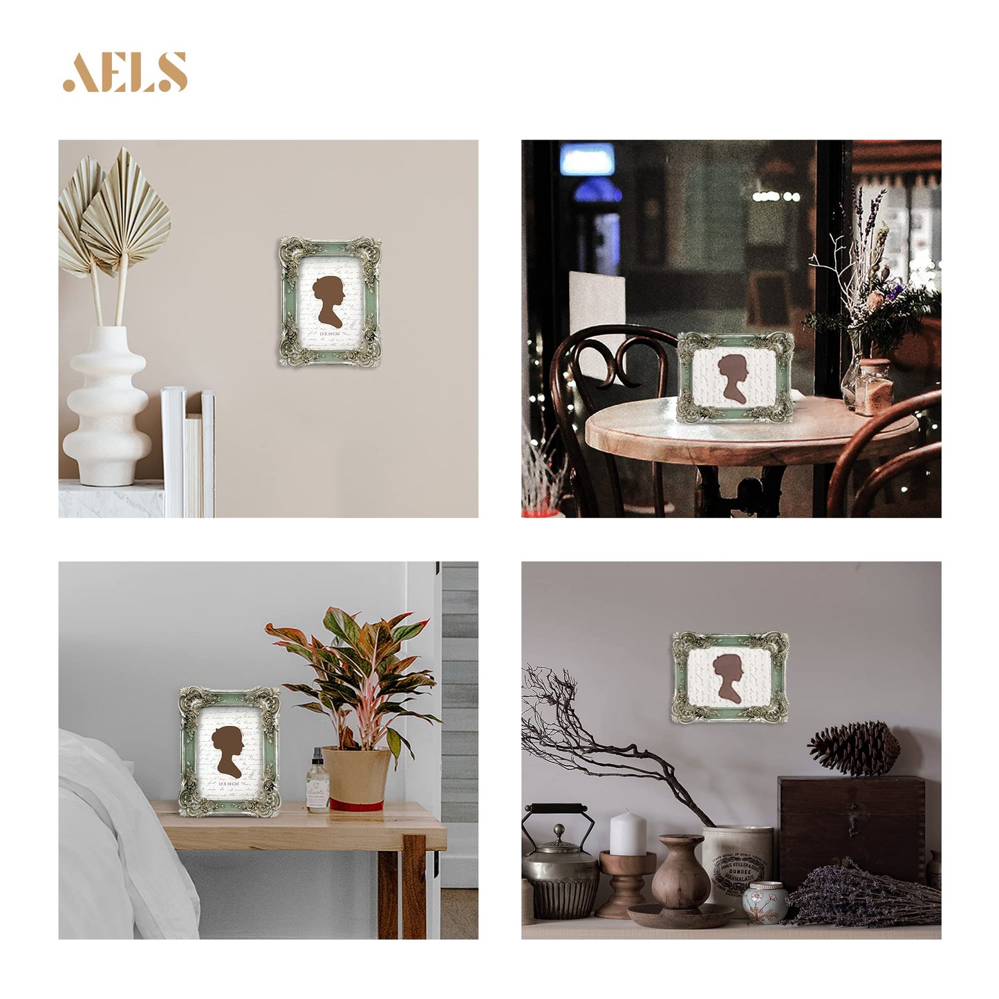 AELS 5x7 Inch Vintage Picture Frame, Elegant Antique Photo Frames with Glass Front, Photo Display, Tabletop Wall Hanging, Gift Ideas, Silver and Green