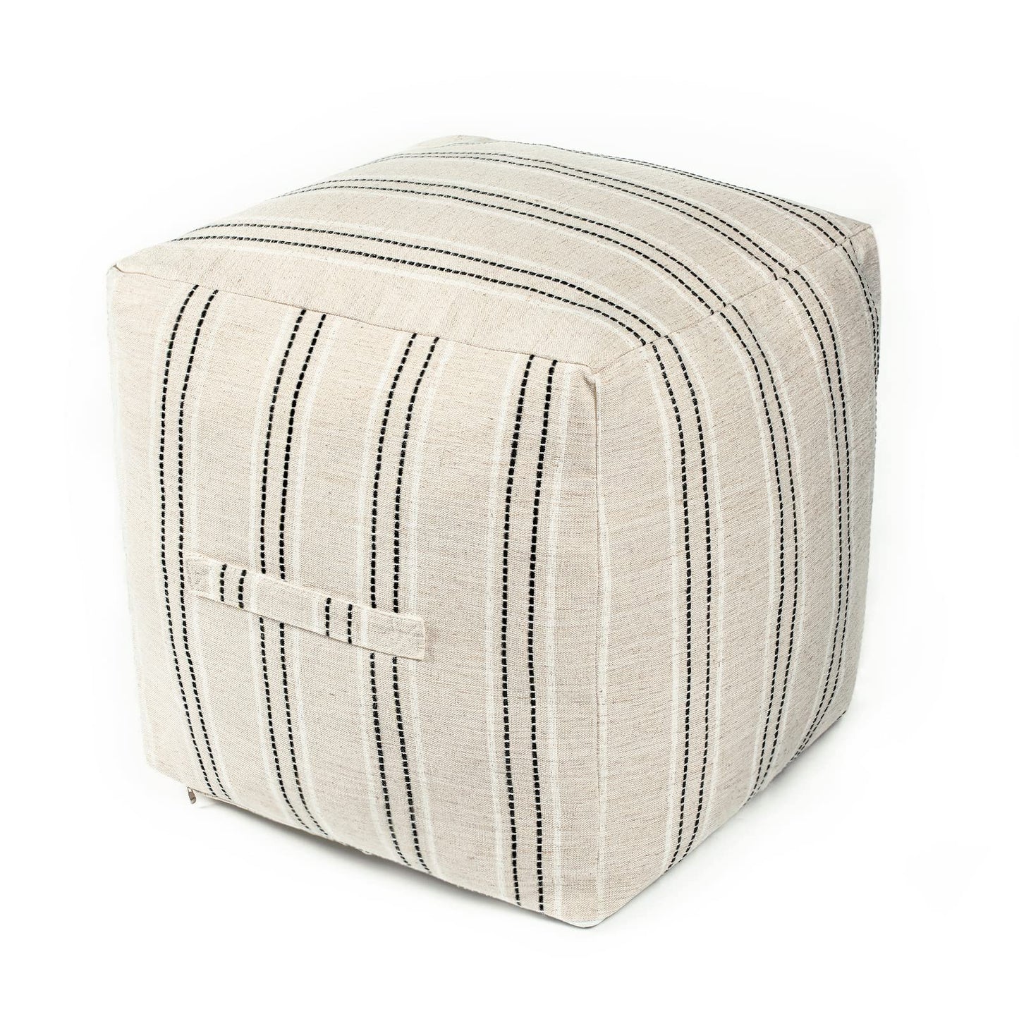 AELS Unstuffed Farmhouse Pouf Cover for Living Room, Boho Storage Bean Bag Cubes, Beige with Brown Stitch Yarn Dyed Stripe Square Ottoman Pouf Foot Rest Footstool, 18"x18"x18", Cover ONLY