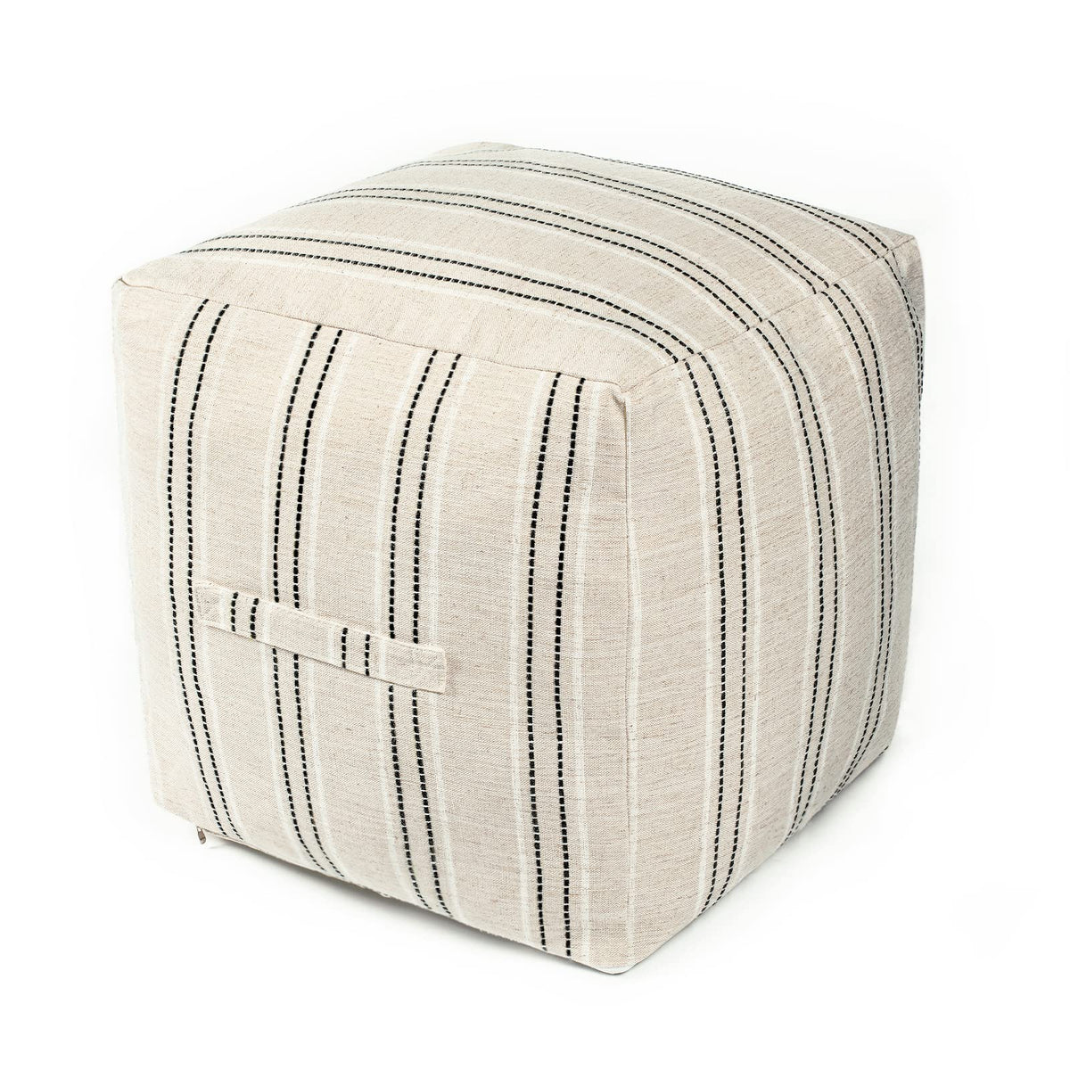AELS Unstuffed Farmhouse Pouf Cover for Living Room, Boho Storage Bean Bag Cubes, Beige with Navy Blue Stitch Yarn Dyed Stripe Square Ottoman Pouf Foot Rest Footstool, 18"x18"x18", Cover ONLY