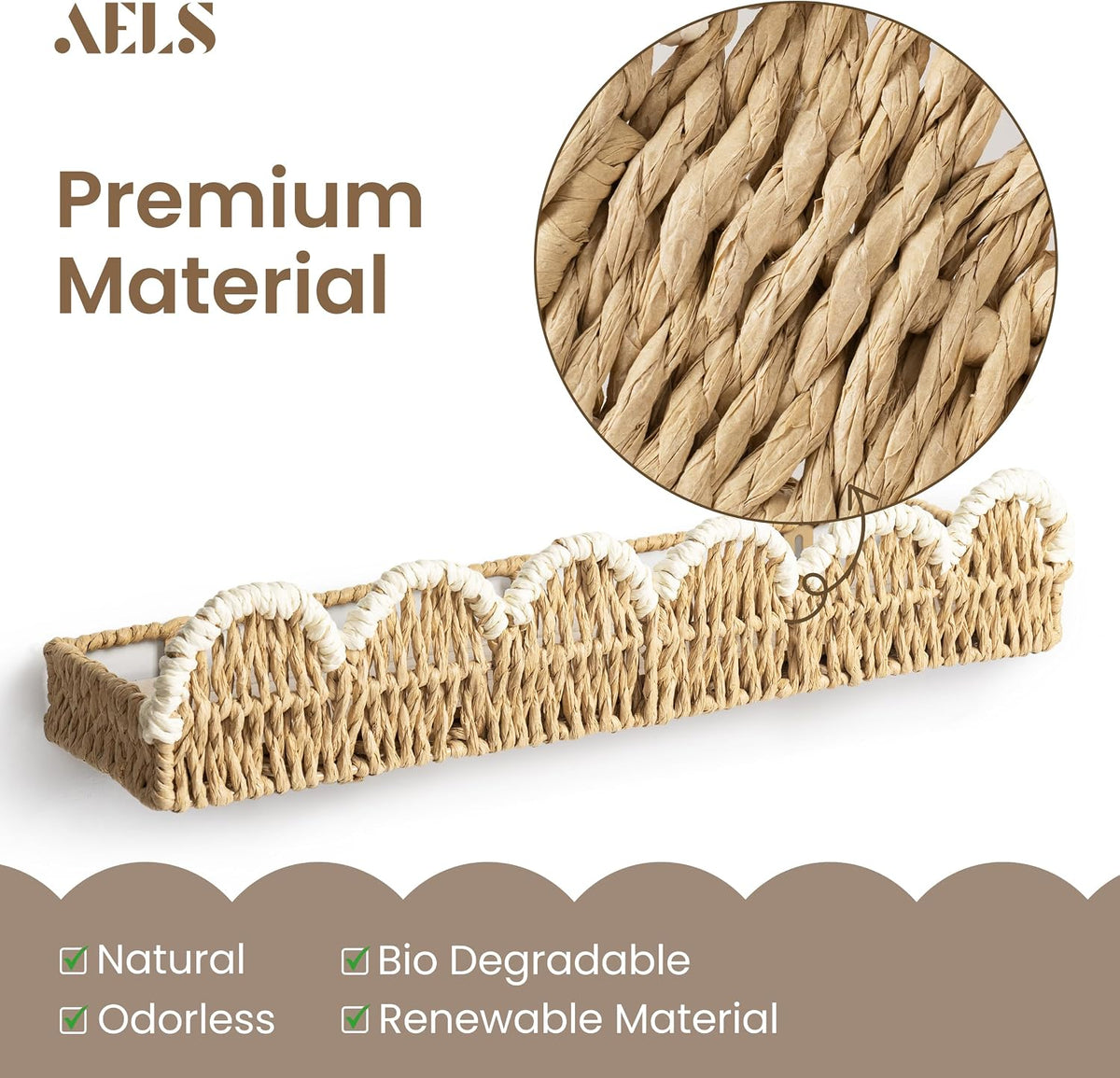 AELS Scalloped Nursery Bookshelf Set of 2, Woven Rattan Wall Shelf Beige