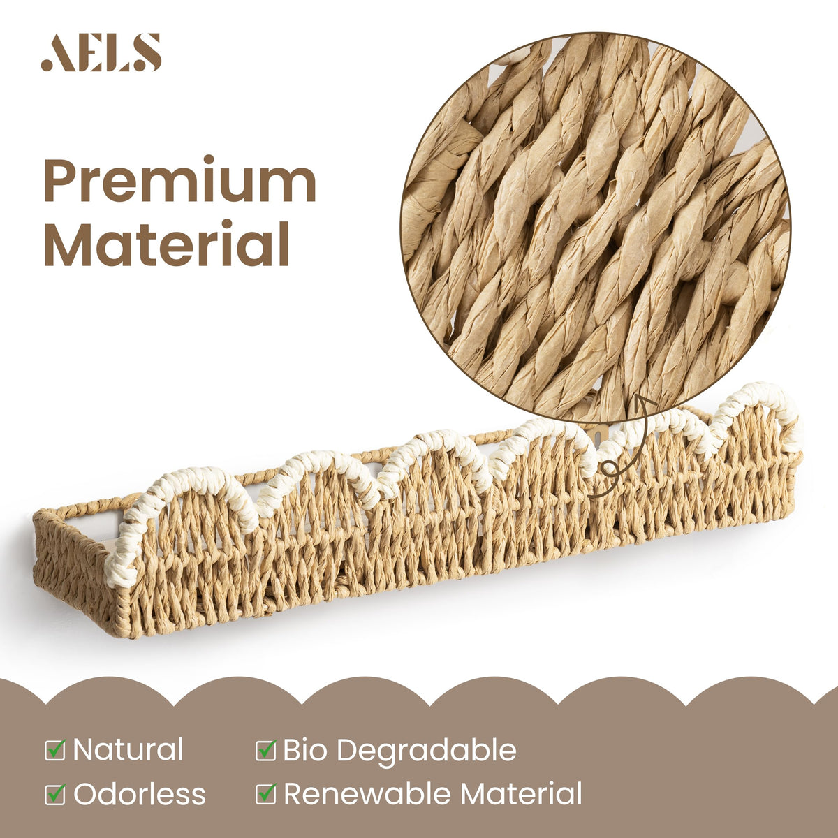 AELS Scalloped Nursery Bookshelf Set of 2, Woven Rattan Wall Shelf Beige