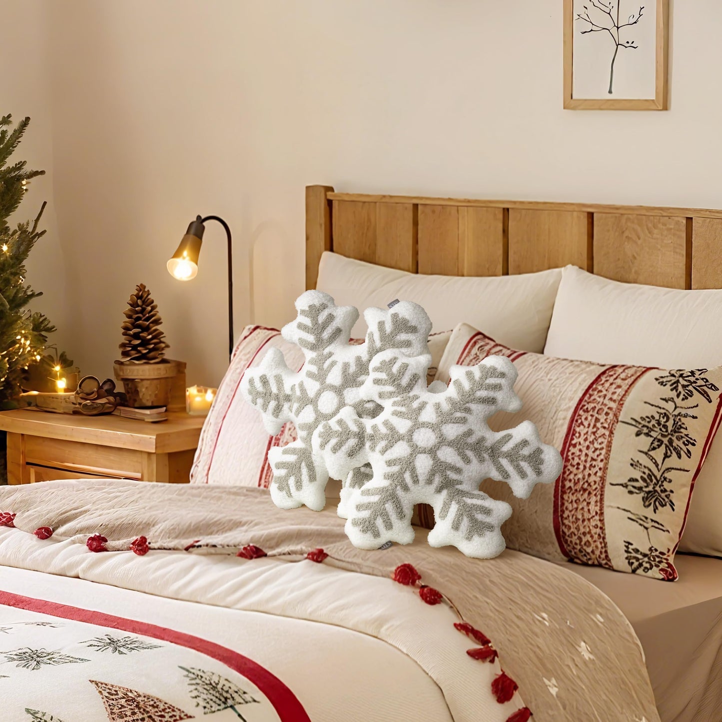 AELS 21.6 Inches 3D Snowflake Christmas Decorative Throw Pillow, Cute Winter Faux Fur Plush Throw Pillow, Living Room Bedroom Nursery Decor, White Christmas Decoration, Snow White