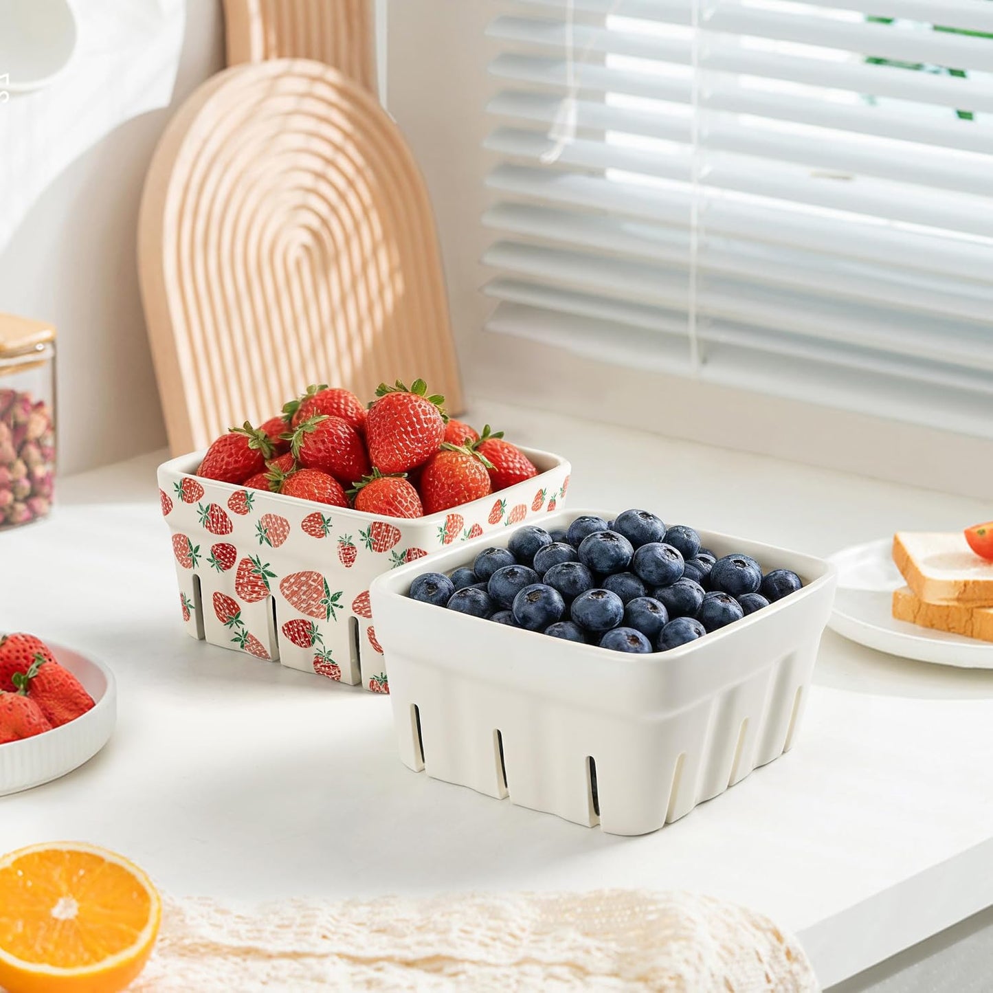 Ceramic Berry Basket, 5.9" Large Size Container for Fruit & Vegetables, Farmhouse Fruit Bowl, Strawberry Decor, Farmers Market, White Pink and Cute Strawberry Pattern, Stoneware Harvest Bowls for
